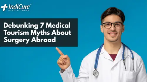 A professional male doctor in a white coat with a stethoscope pointing towards a title card about debunking medical travel myths against a vibrant blue background.